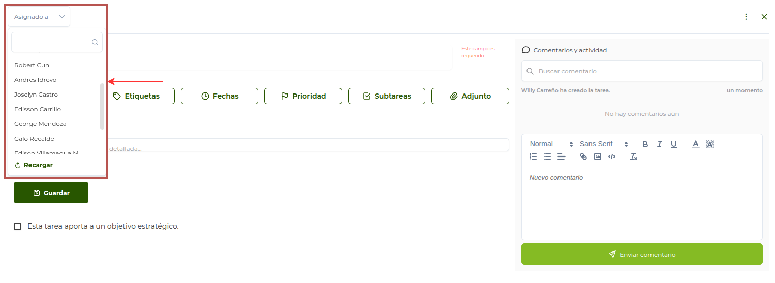 Vista de crear tarea para un usuario