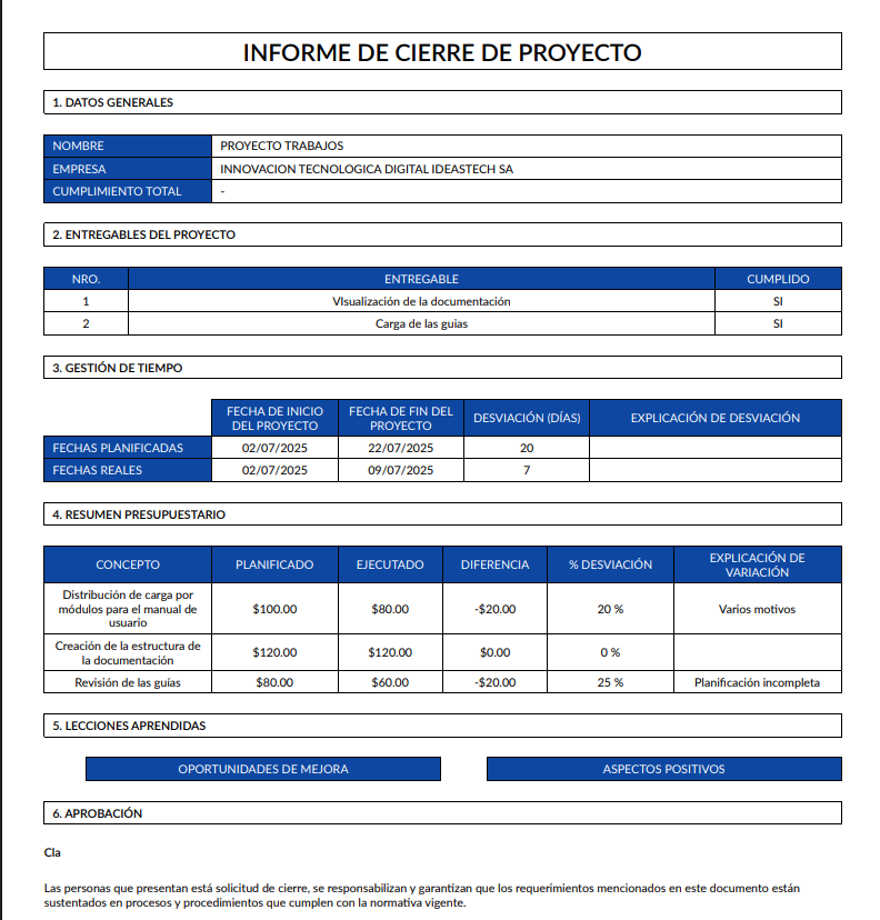 vista de acta de finalización