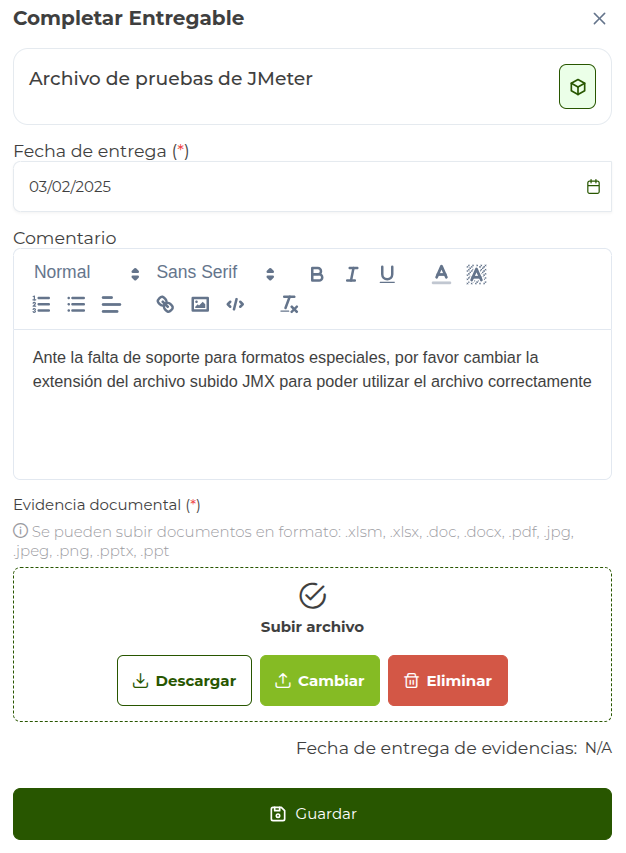 Entregable que requiere evidencia